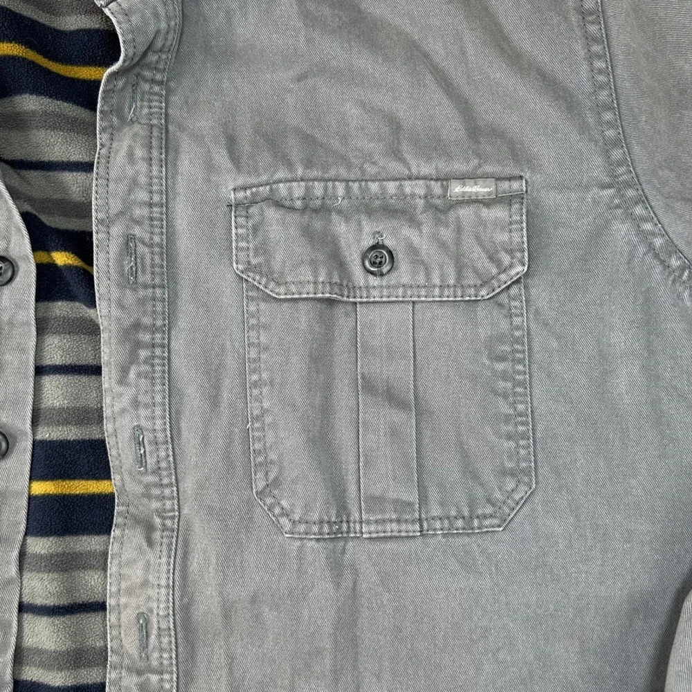 Eddie Bauer‎ Mens Tall Fleece Lined Cotton Twill Shirt Jacket Grey Stripe TL